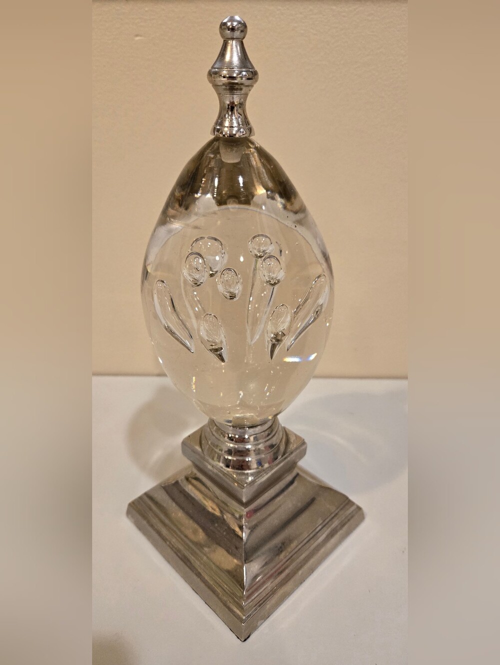 Vintage Clear Glass Hand Blown Egg On Silver Tone Base Made In India